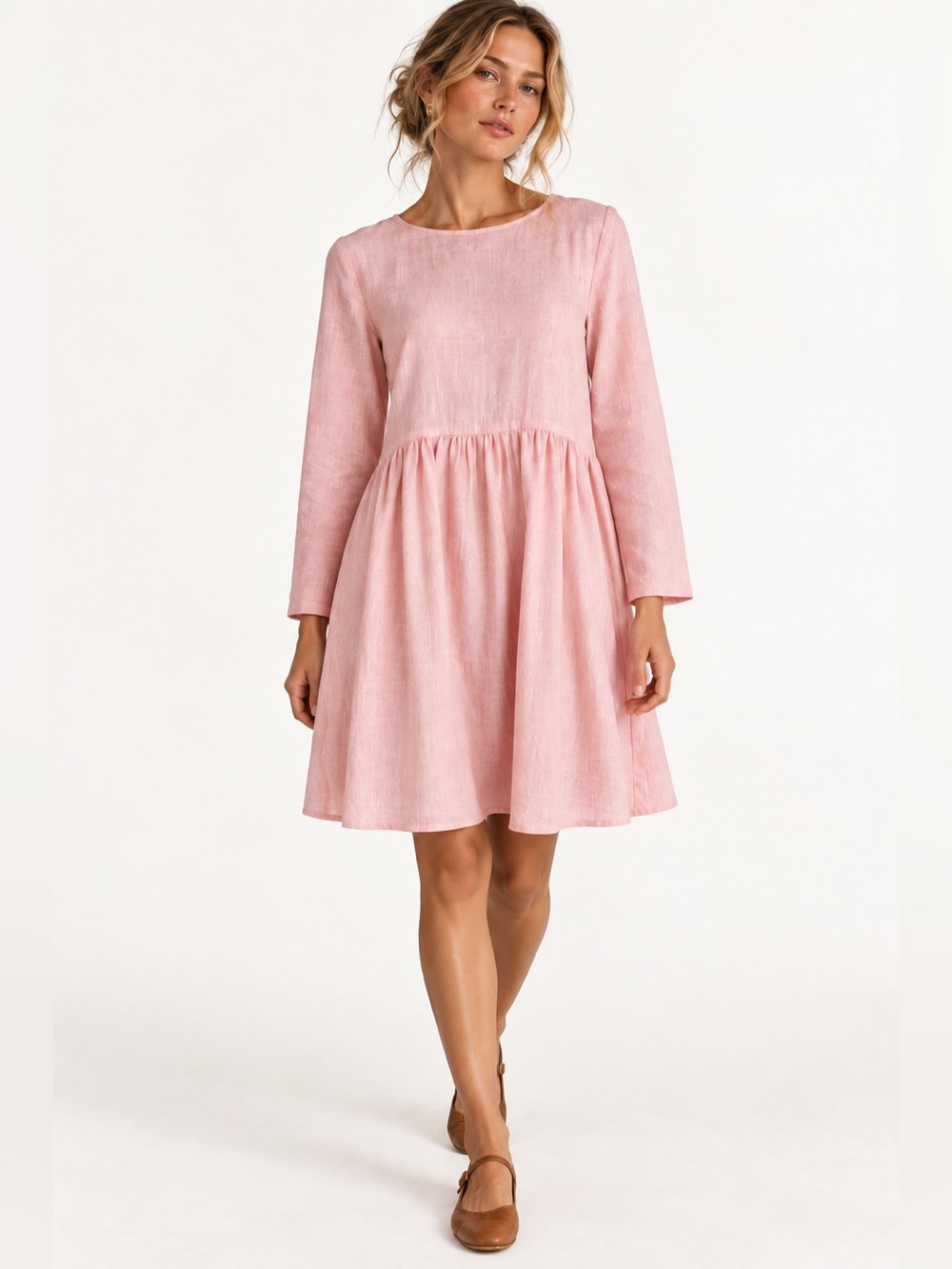 LE MUSE Cotton & Linen Blend Pink Long-Sleeve Gathered Waist Dress